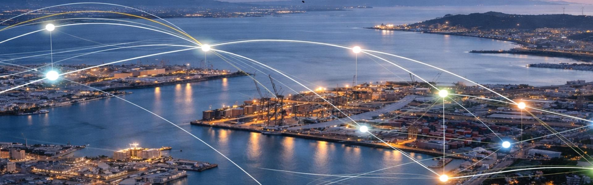 Panorama di una città sul mare con illustrazione di connessioni
