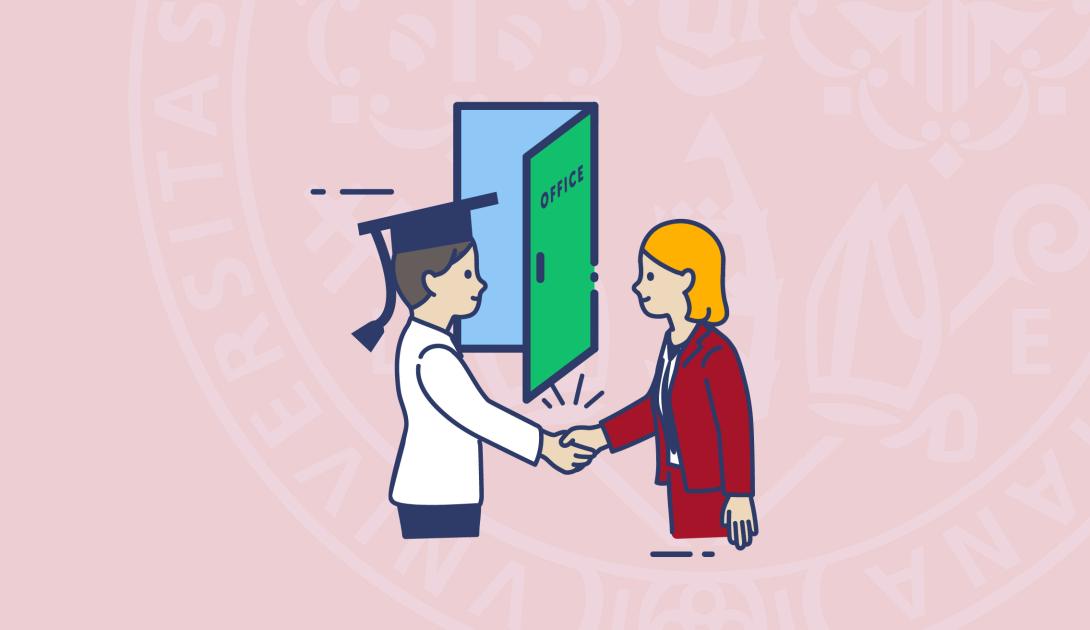 Copertina della card Una giornata in azienda: due persone che si stringono la mano e una è neolaureata, probabilmente un colloquio